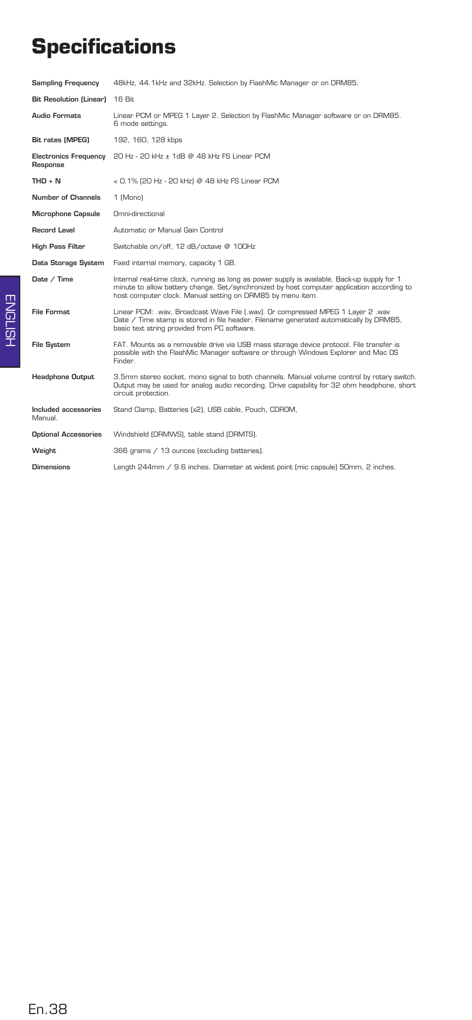 Specifications, En.38, English | HHB comm DRM85 User Manual | Page 39 / 49