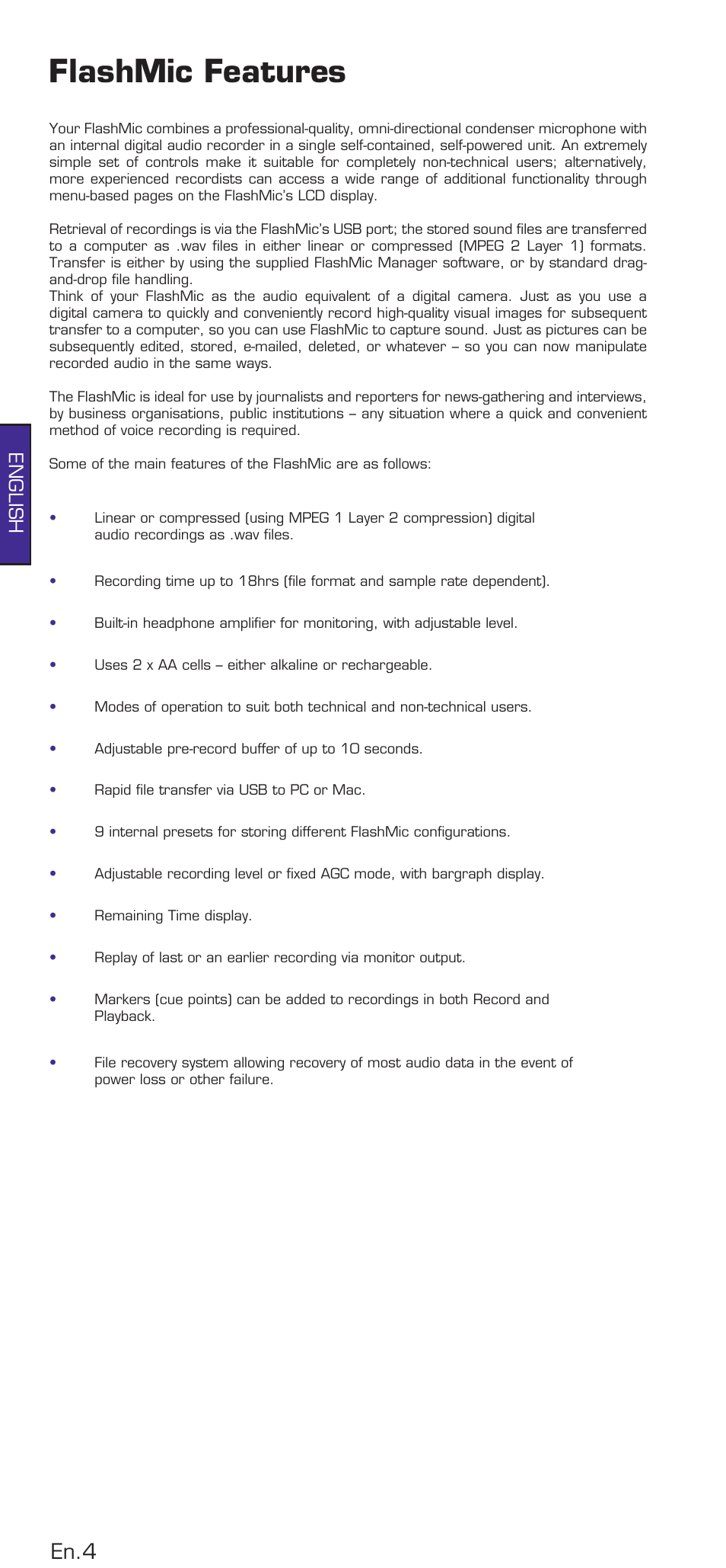 Flashmic features, En.4, English | HHB comm DRM85 User Manual | Page 5 / 49