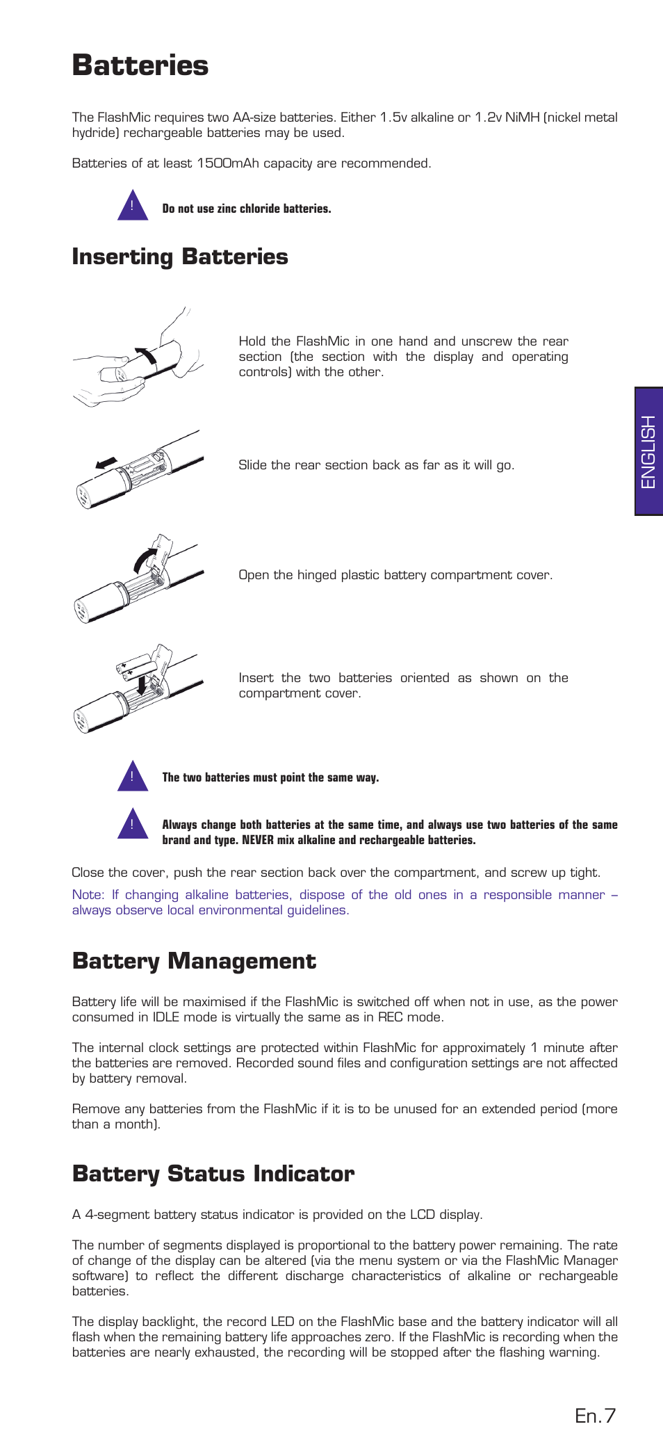 Batteries, Inserting batteries, Battery management | Battery status indicator, En.7, English | HHB comm DRM85 User Manual | Page 8 / 49
