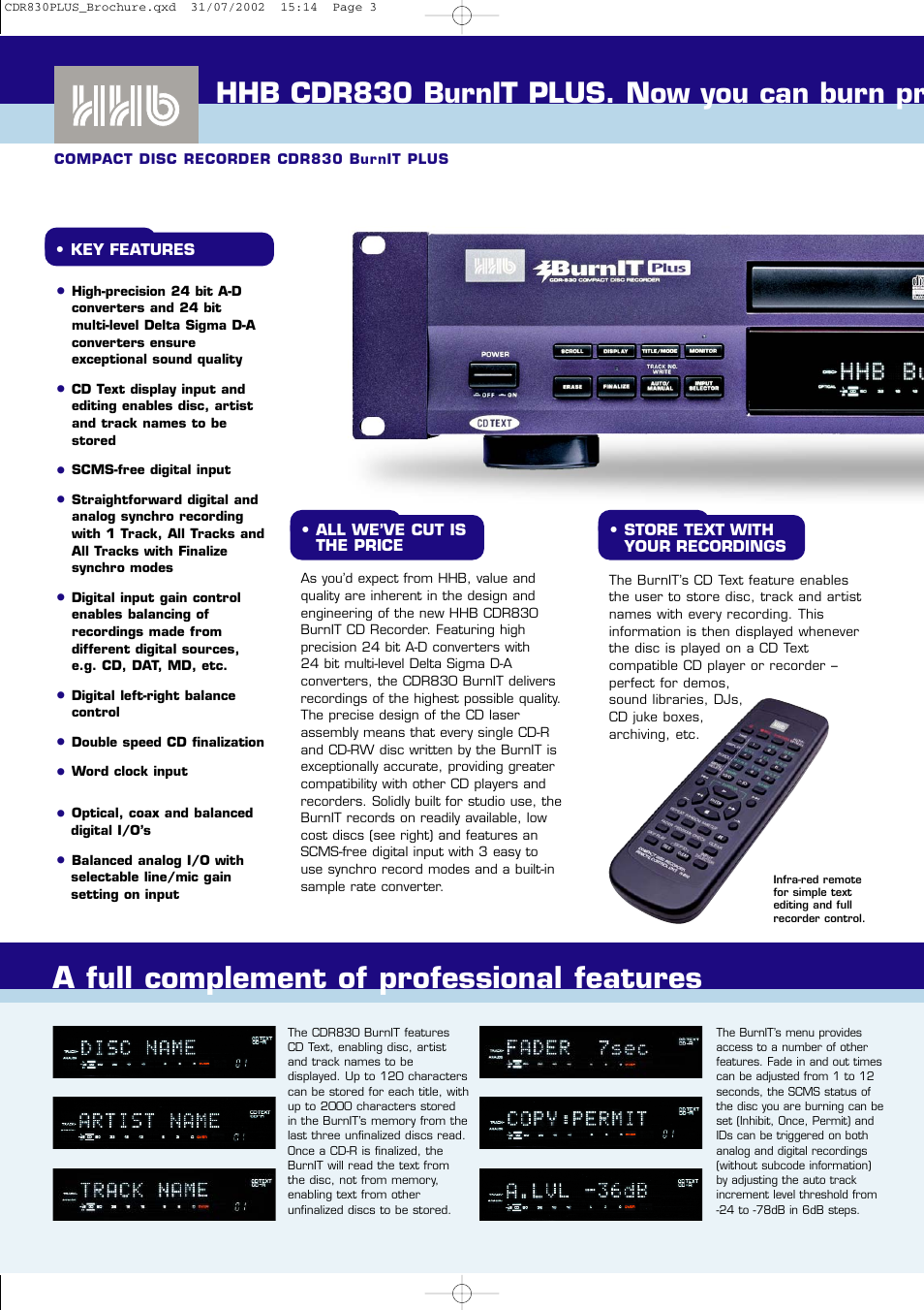 A full complement of professional features, Hhb cdr830 burnit plus. now you can burn pr | HHB comm HHB CDR830 BurnIT PLUS CDR830PLUS User Manual | Page 2 / 4