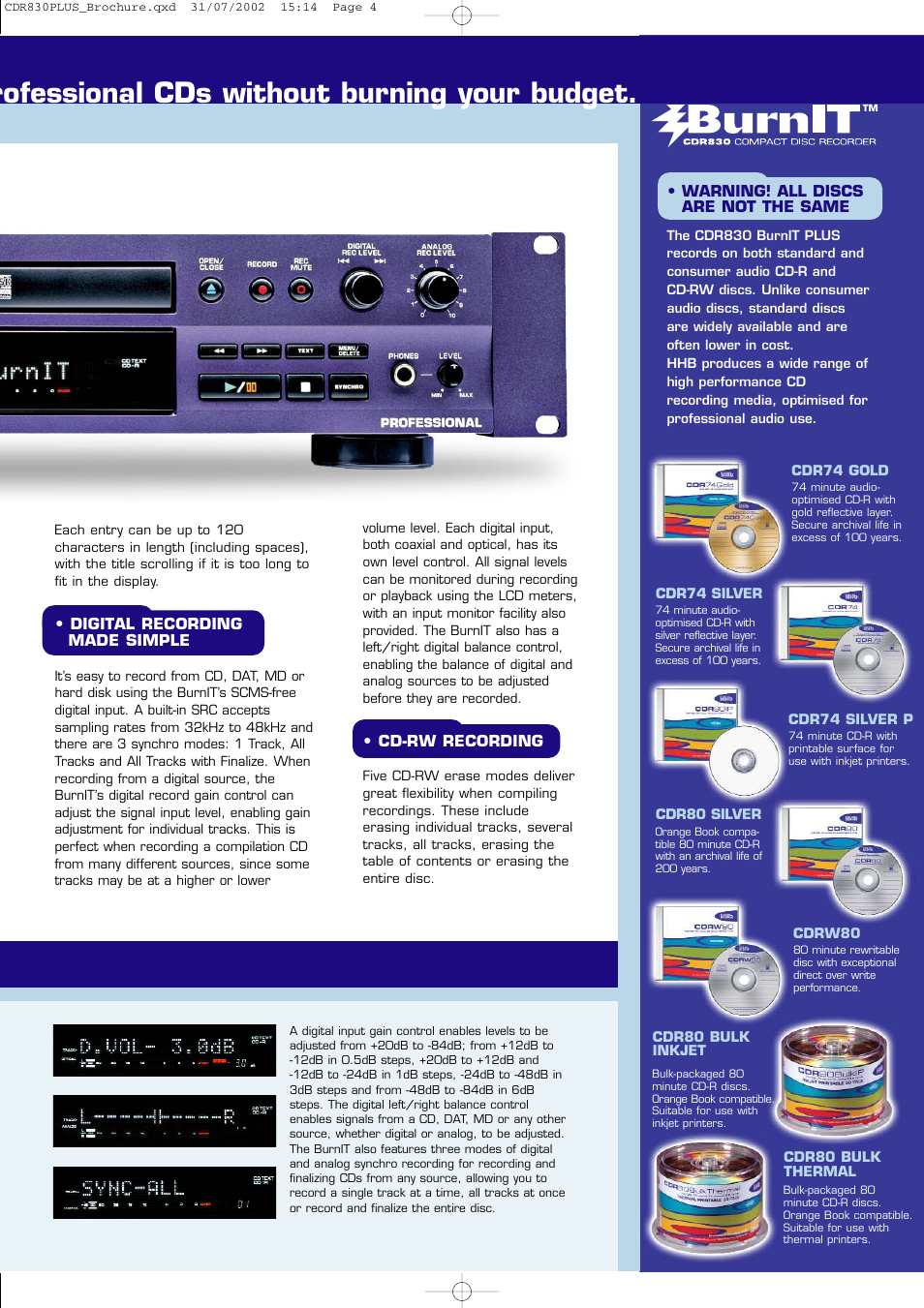 Rofessional cds without burning your budget | HHB comm HHB CDR830 BurnIT PLUS CDR830PLUS User Manual | Page 3 / 4