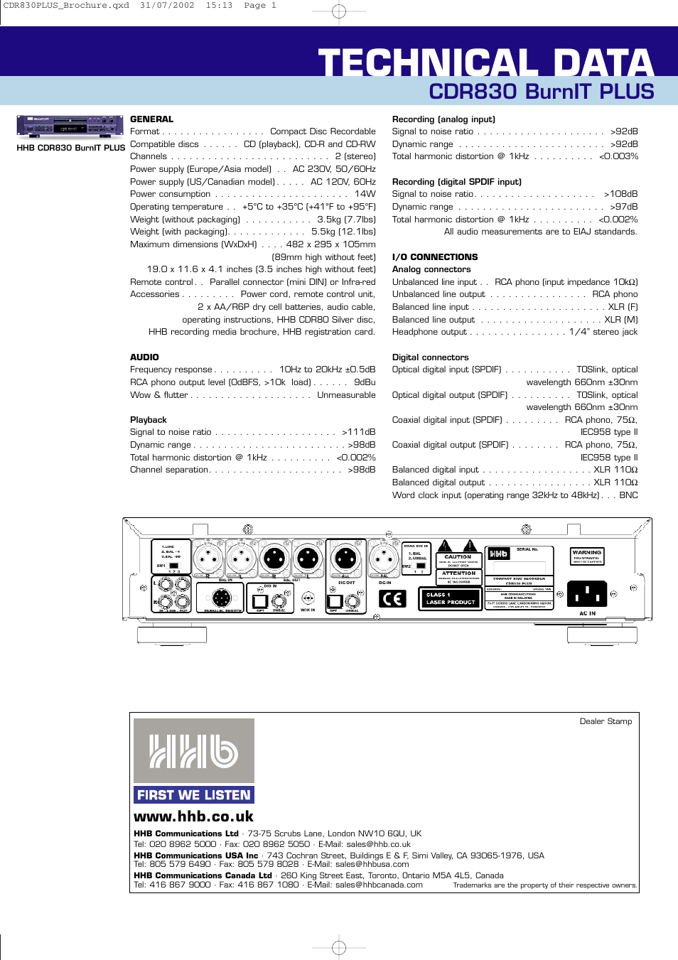 Technical data, Cdr830 burnit plus | HHB comm HHB CDR830 BurnIT PLUS CDR830PLUS User Manual | Page 4 / 4