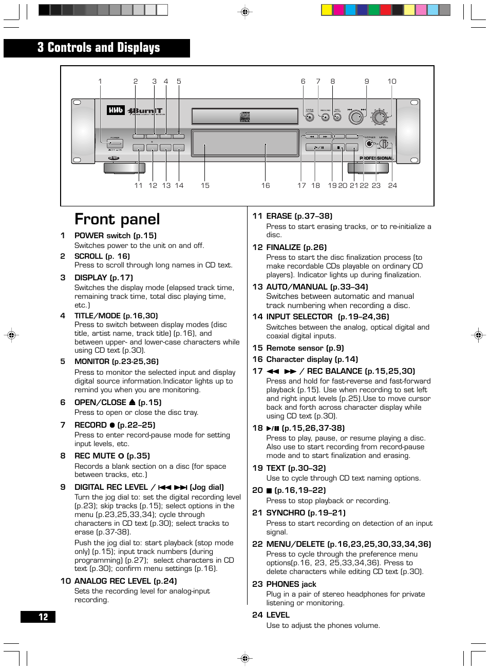 Front panel, 3 controls and displays | HHB comm PERSONAL COMPACT DISC RECORDER CDR 830 User Manual | Page 12 / 50