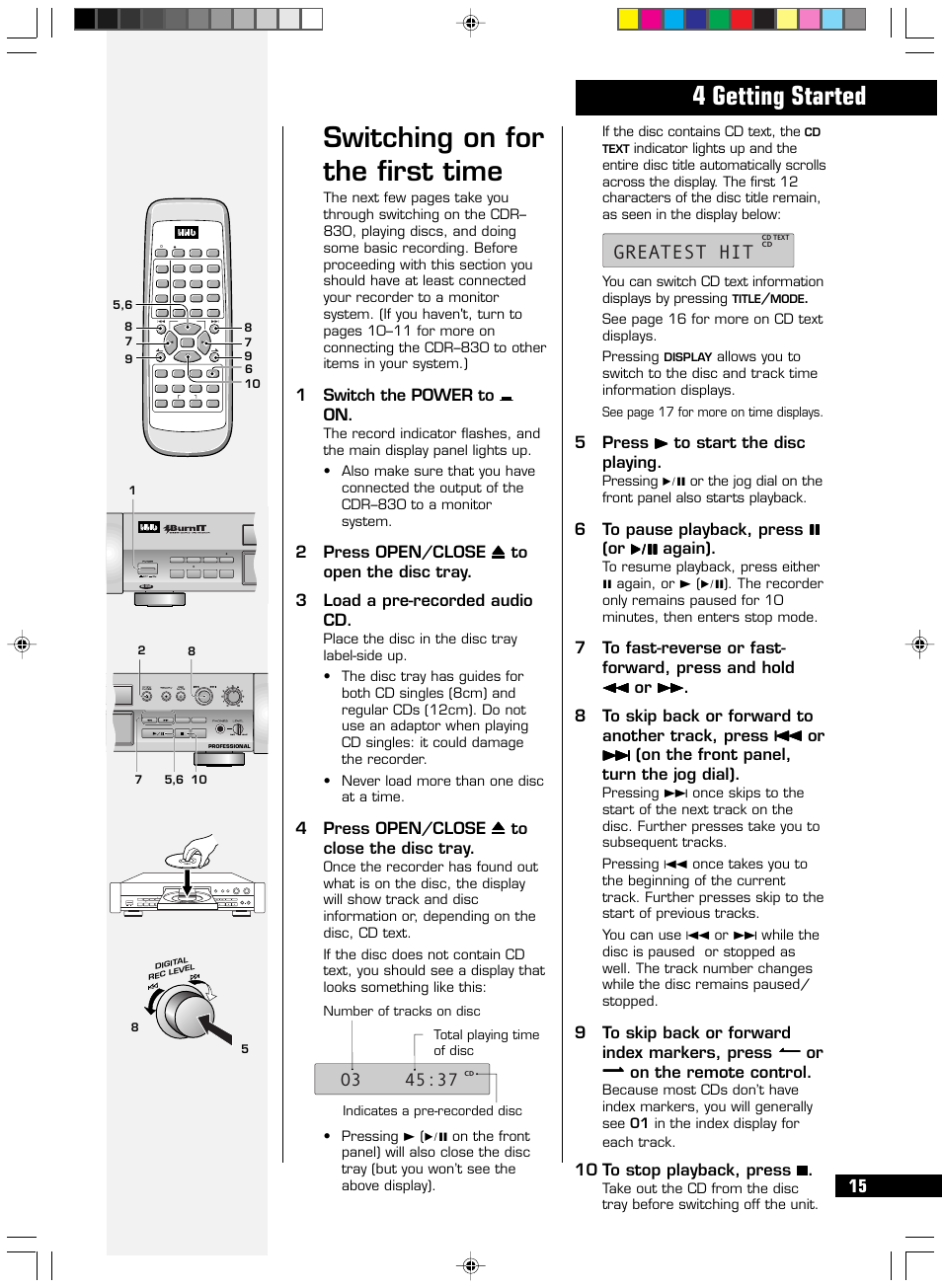 Switching on for the first time, 4 getting started, Greatest hit | 1switch the power to _ _ _ _ _ on | HHB comm PERSONAL COMPACT DISC RECORDER CDR 830 User Manual | Page 15 / 50