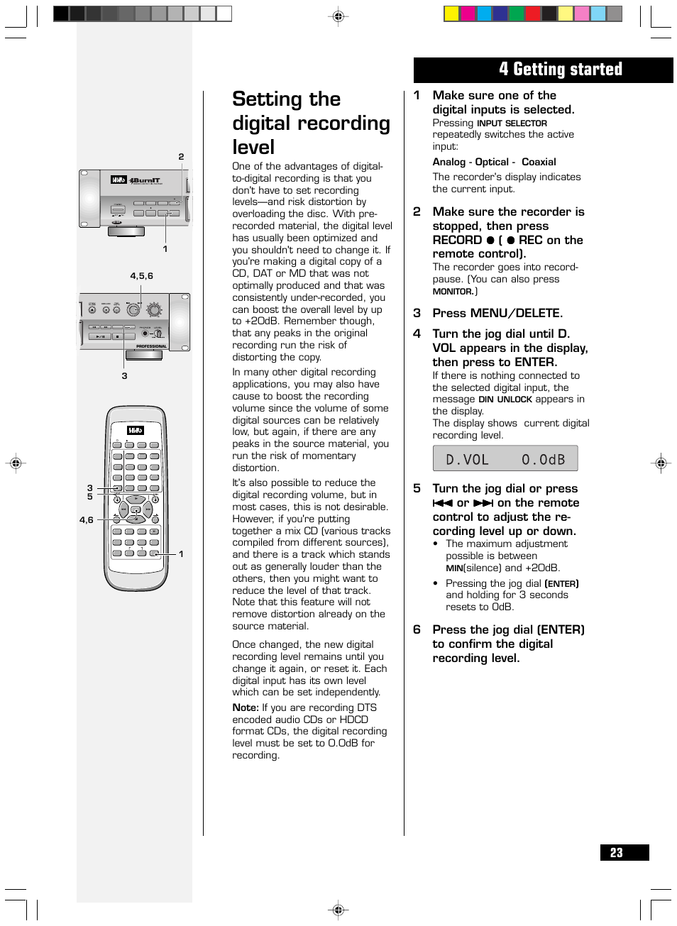 Setting the digital recording level, 4 getting started, 1make sure one of the digital inputs is selected | Menu/ delete, Pressing, The maximum adjustment possible is between, Silence) and +20db. • pressing the jog dial, And holding for 3 seconds resets to odb | HHB comm PERSONAL COMPACT DISC RECORDER CDR 830 User Manual | Page 23 / 50