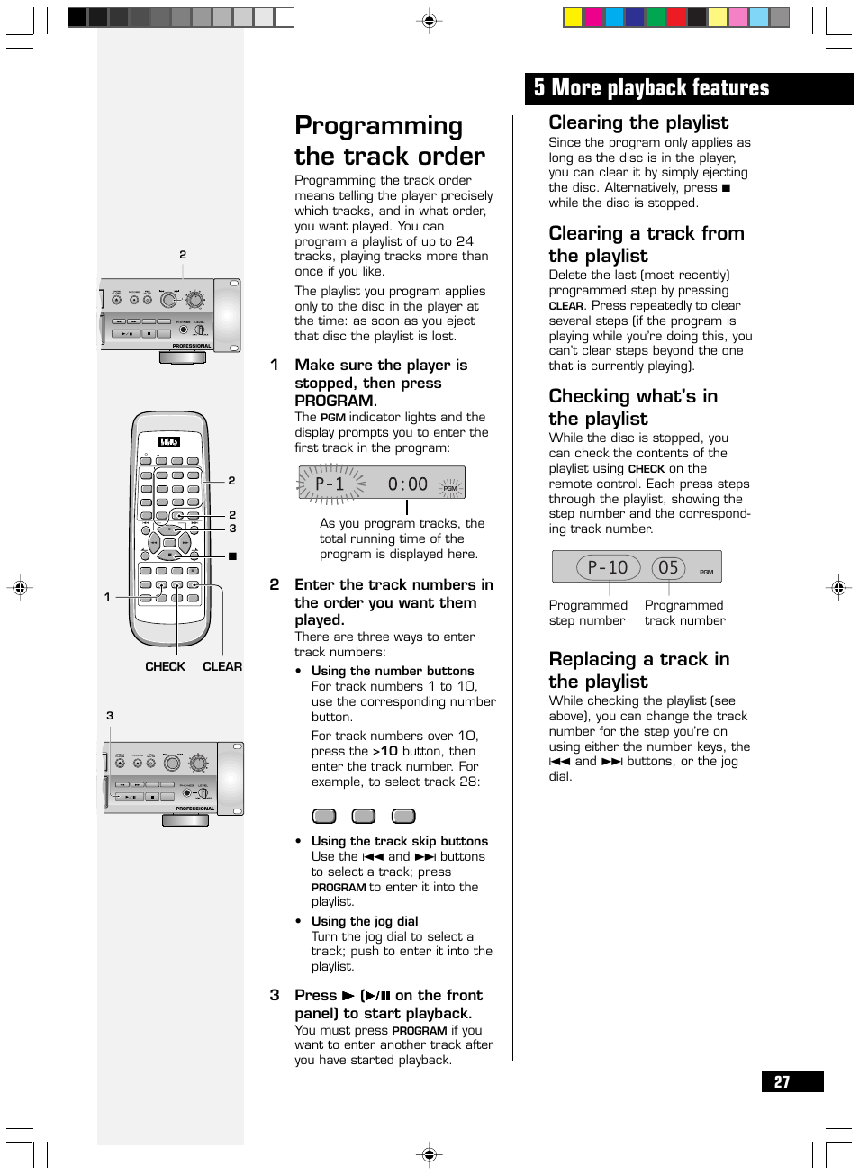Programming the track order, 5 more playback features, Clearing the playlist | Clearing a track from the playlist, Checking what's in the playlist, Replacing a track in the playlist, P-1o o5, Menu/ delete, You must press, Clear | HHB comm PERSONAL COMPACT DISC RECORDER CDR 830 User Manual | Page 27 / 50
