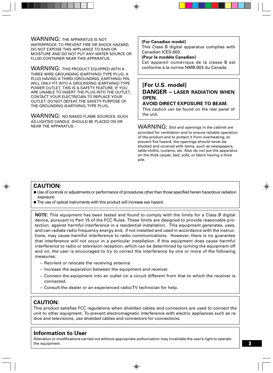Caution, Information to user, For u.s. model] danger | Warning | HHB comm PERSONAL COMPACT DISC RECORDER CDR 830 User Manual | Page 3 / 50