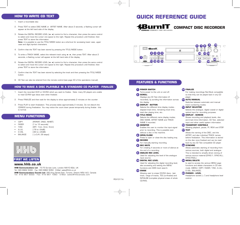 Quick reference guide, Compact disc recorder, Features & functions | How to write cd text, Menu functions | HHB comm PERSONAL COMPACT DISC RECORDER CDR 830 User Manual | Page 45 / 50