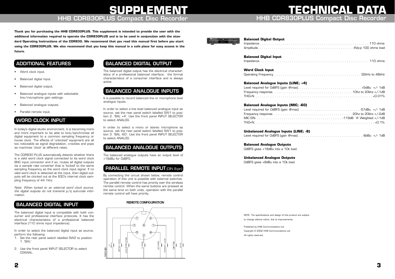 Supplement, Technical data, Hhb cdr830plus compact disc recorder | HHB comm PERSONAL COMPACT DISC RECORDER CDR 830 User Manual | Page 48 / 50