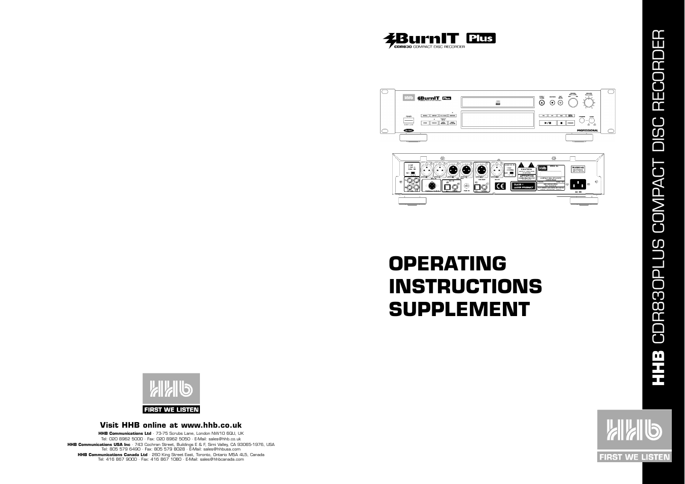 Operating instructions supplement, Hhb cdr830plus comp act disc recorder | HHB comm PERSONAL COMPACT DISC RECORDER CDR 830 User Manual | Page 50 / 50