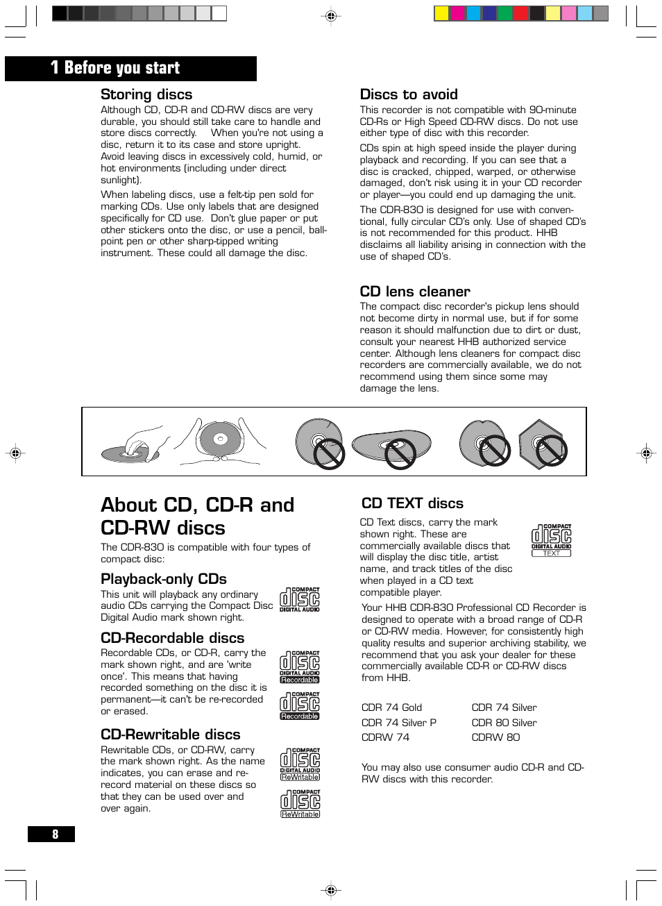 About cd, cd-r and cd-rw discs, 1 before you start, Playback-only cds | Cd-recordable discs, Cd-rewritable discs, Cd text discs, Storing discs, Cd lens cleaner, Discs to avoid | HHB comm PERSONAL COMPACT DISC RECORDER CDR 830 User Manual | Page 8 / 50