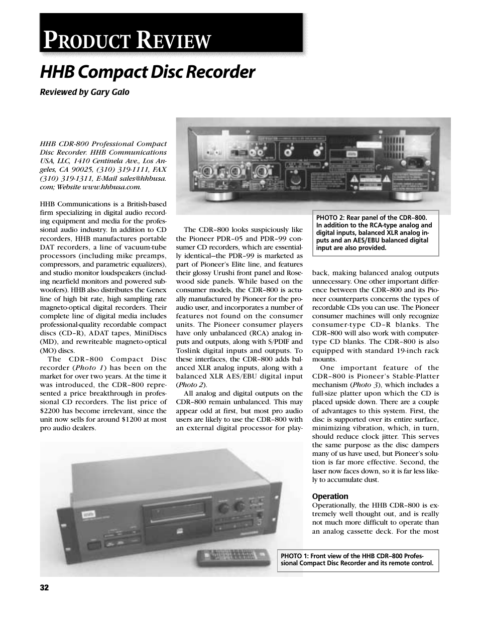 HHB comm CDR800 User Manual | 6 pages
