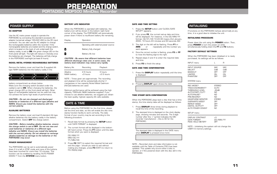 Date and time setting, Date and time confirmation, Time stamp data confirmation | Initialising, Initialising procedure, Factory default settings, Preparation, Portadisc mdp500 minidisc recorder, Power supply date & time | HHB comm HHB MDP500 User Manual | Page 11 / 32