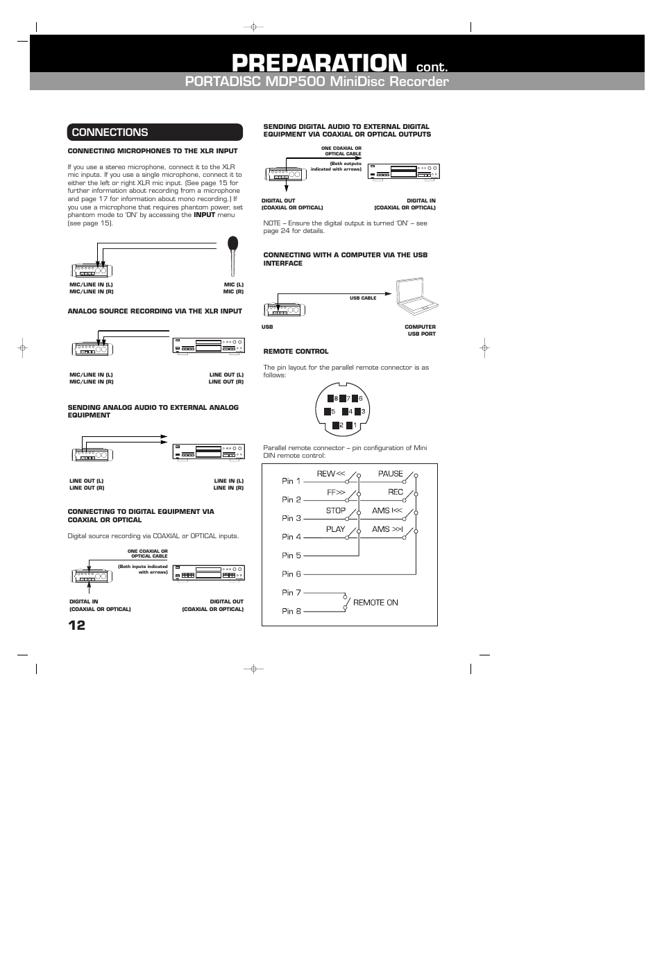 Connections, Connecting microphones to the xlr input, Analog source recording via the xlr input | Sending analog audio to external analog equipment, Connecting with a computer via the usb interface, Remore control, Preparation, Cont. portadisc mdp500 minidisc recorder | HHB comm HHB MDP500 User Manual | Page 12 / 32