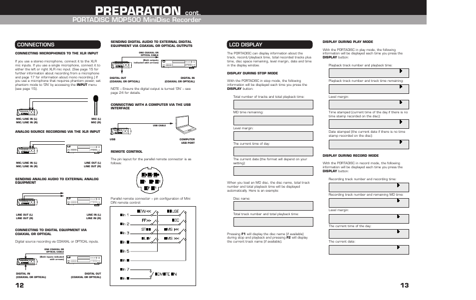 Lcd display, Display during stop mode, Display during play mode | Display during record mode, Preparation, Cont. portadisc mdp500 minidisc recorder, Connections | HHB comm HHB MDP500 User Manual | Page 13 / 32