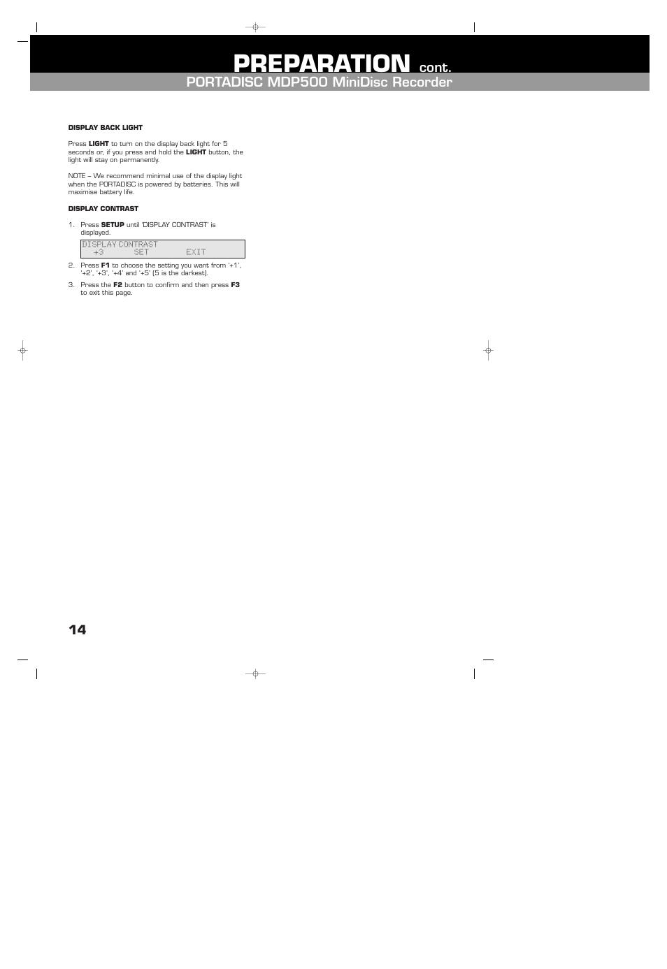 Display back light, Display contrast, Preparation | Cont. portadisc mdp500 minidisc recorder | HHB comm HHB MDP500 User Manual | Page 14 / 32