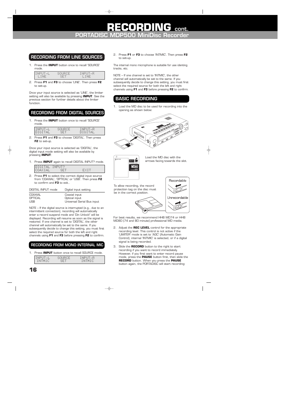 Recording from line sources, Recording from digital sources, Recording from mono internal mic | Basic recording, Recording, Cont. portadisc mdp500 minidisc recorder | HHB comm HHB MDP500 User Manual | Page 16 / 32