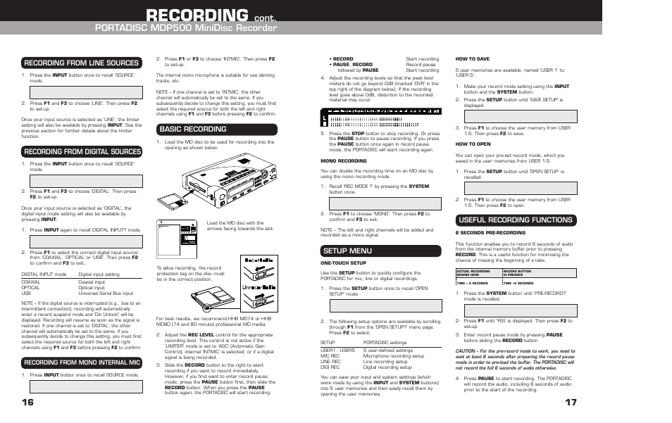 Mono recording, Setup menu, One-touch setup | How to save, How to open, Useful recording functions, 6 seconds pre-recording, Recording, Cont. portadisc mdp500 minidisc recorder, Basic recording | HHB comm HHB MDP500 User Manual | Page 17 / 32