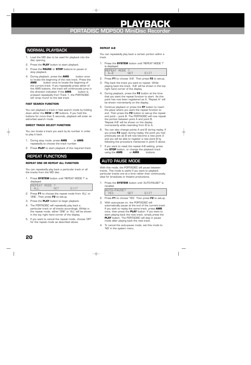 Playback, Normal playback, Fast search function | Direct track select function, Repeat function, Repeat one or repeat all function, Repeat a-b, Auto pause mode, Portadisc mdp500 minidisc recorder, Normal playback repeat functions auto pause mode | HHB comm HHB MDP500 User Manual | Page 20 / 32