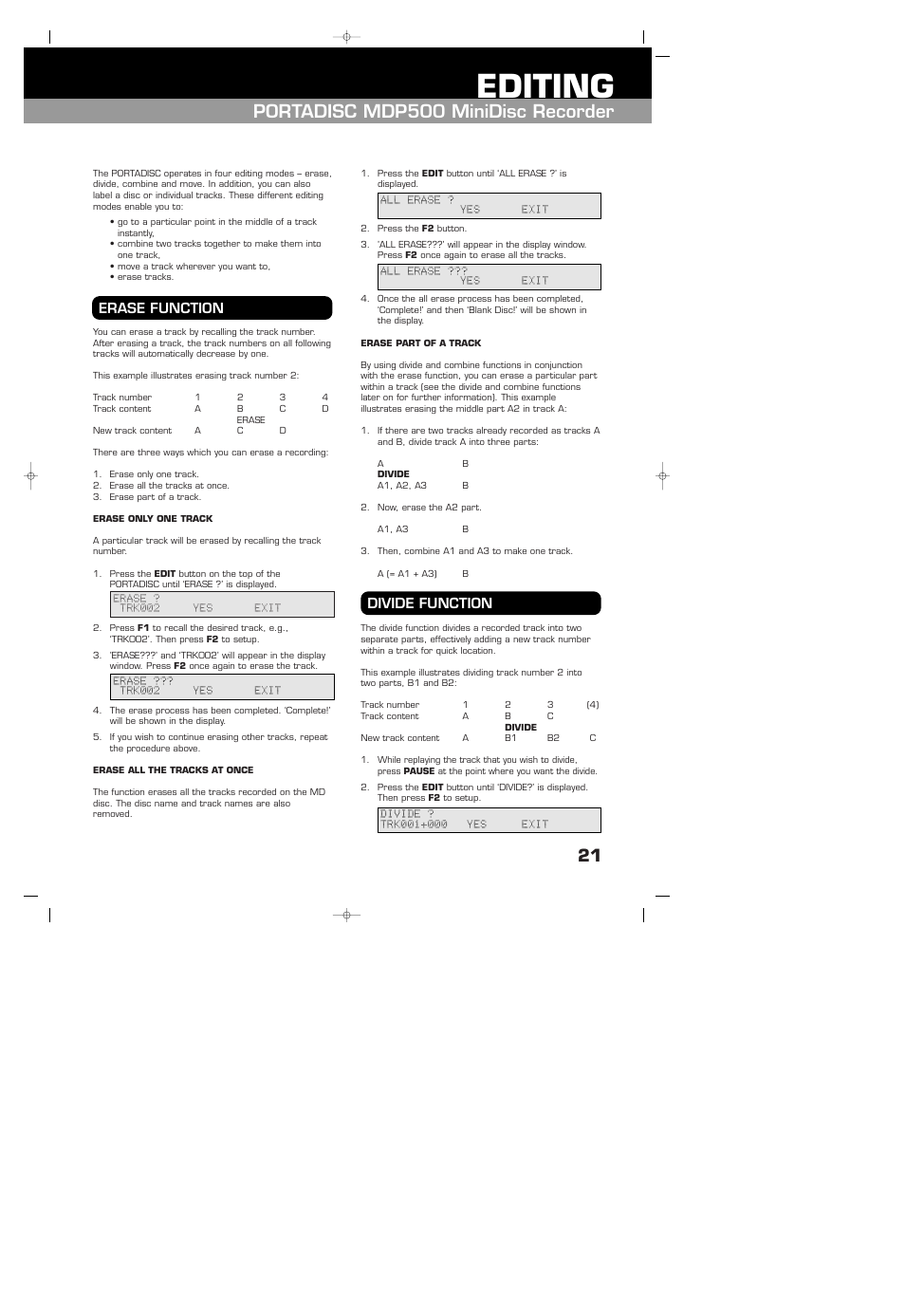 Editing, Erase function, Erase only one track | Erase all tracks at once, Erase part of a track, Divide function, Portadisc mdp500 minidisc recorder, Erase function divide function | HHB comm HHB MDP500 User Manual | Page 21 / 32