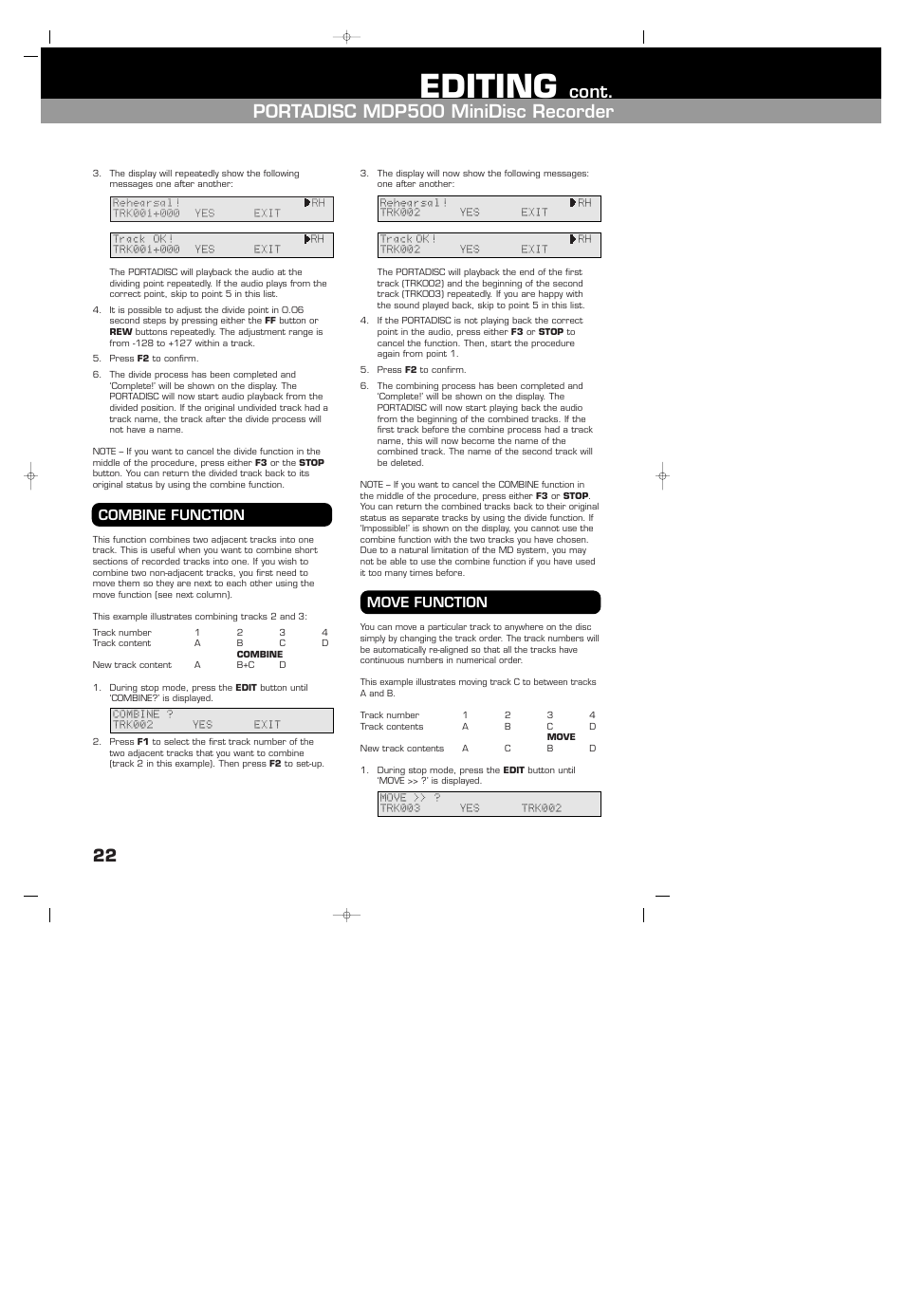 Combine function, Move function, Editing | Cont. portadisc mdp500 minidisc recorder, Combine function move function | HHB comm HHB MDP500 User Manual | Page 22 / 32