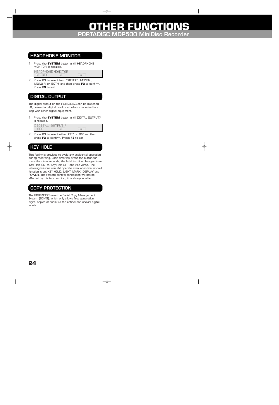 Other functions, Headphone monitor, Digital output | Key hold, Copy protection, Portadisc mdp500 minidisc recorder | HHB comm HHB MDP500 User Manual | Page 24 / 32