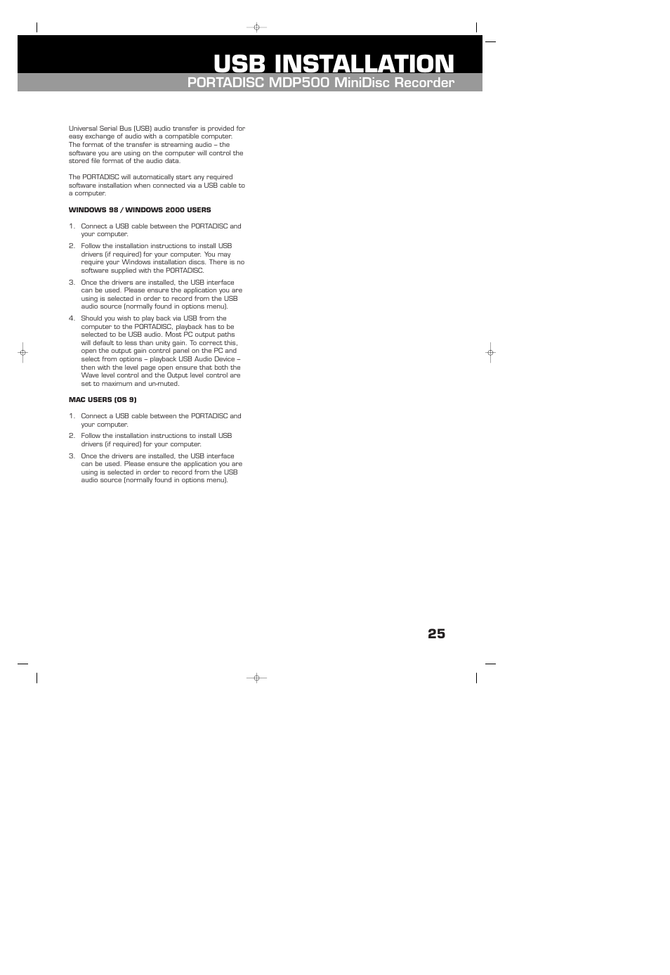 Usb installation, Windows 98/windows 2000 users, Mac users (os 9) | Portadisc mdp500 minidisc recorder | HHB comm HHB MDP500 User Manual | Page 25 / 32