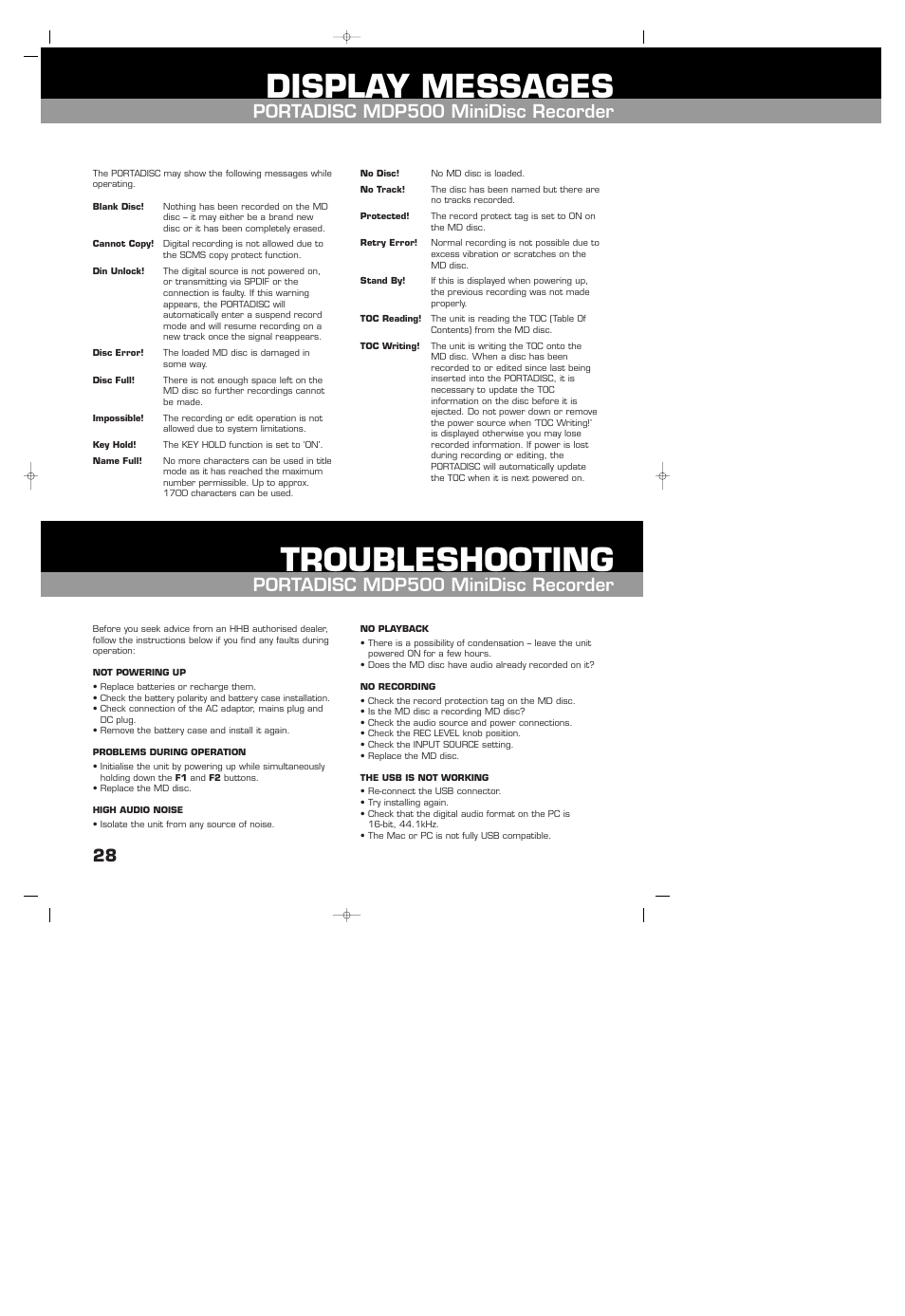 Display messages, Troubleshooting, Portadisc mdp500 minidisc recorder | HHB comm HHB MDP500 User Manual | Page 28 / 32