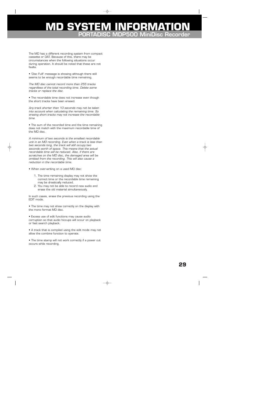 Md system information, Portadisc mdp500 minidisc recorder | HHB comm HHB MDP500 User Manual | Page 29 / 32