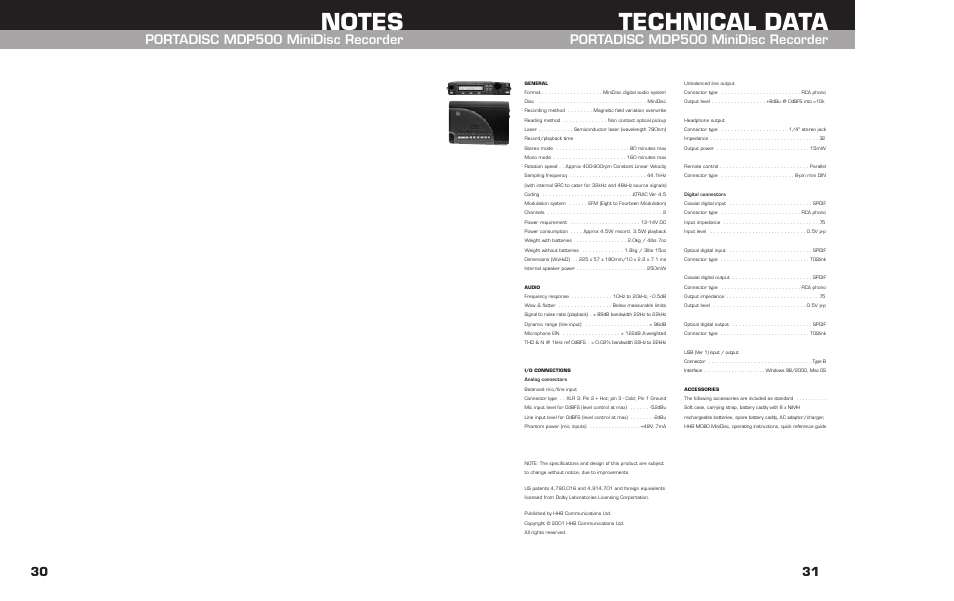 Technical data, Portadisc mdp500 minidisc recorder | HHB comm HHB MDP500 User Manual | Page 31 / 32
