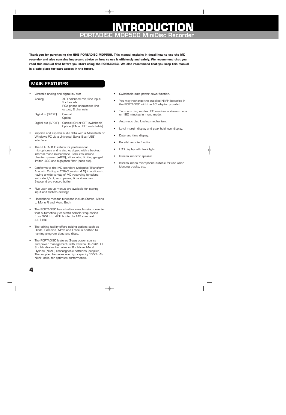 Introduction, Main features, Portadisc mdp500 minidisc recorder | HHB comm HHB MDP500 User Manual | Page 4 / 32