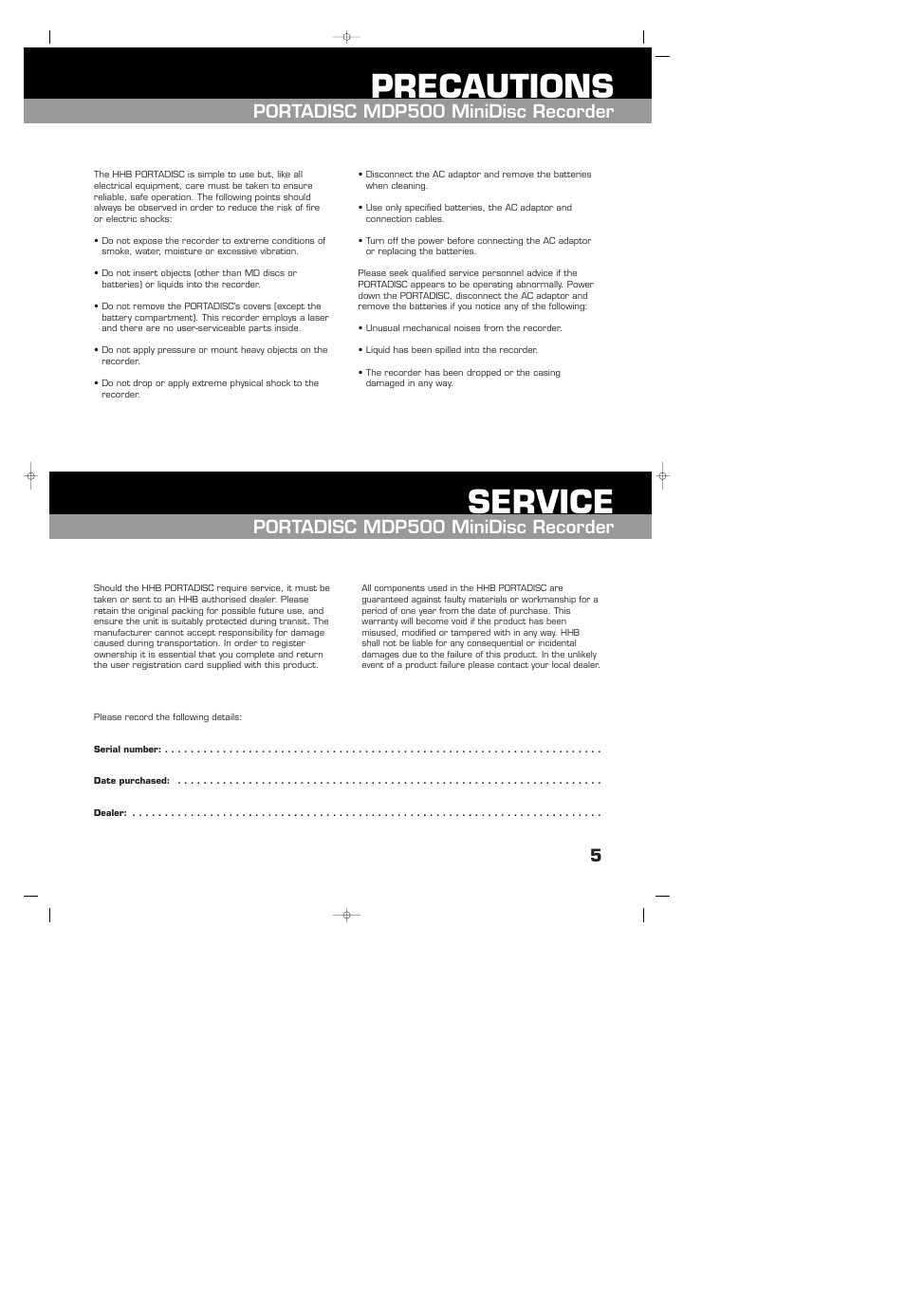 Precautions, Service, Portadisc mdp500 minidisc recorder | HHB comm HHB MDP500 User Manual | Page 5 / 32