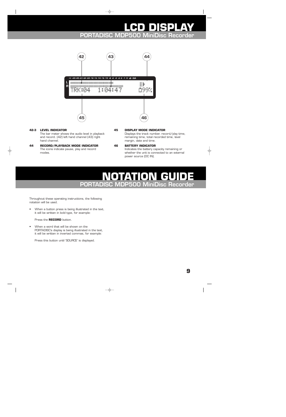 Lcd display, Notation guide, Portadisc mdp500 minidisc recorder | HHB comm HHB MDP500 User Manual | Page 9 / 32