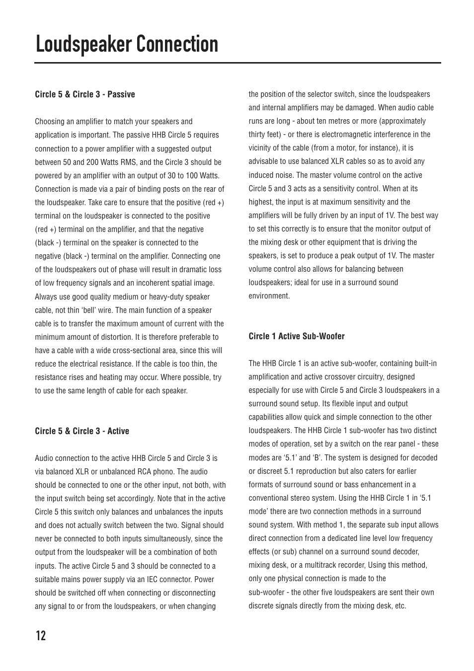 Loudspeaker connection, Circle 5 & circle 3 - passive, Circle 5 & circle 3 - active | Circle 1 active sub-woofer | HHB comm CIRCLE SERIES User Manual | Page 12 / 16