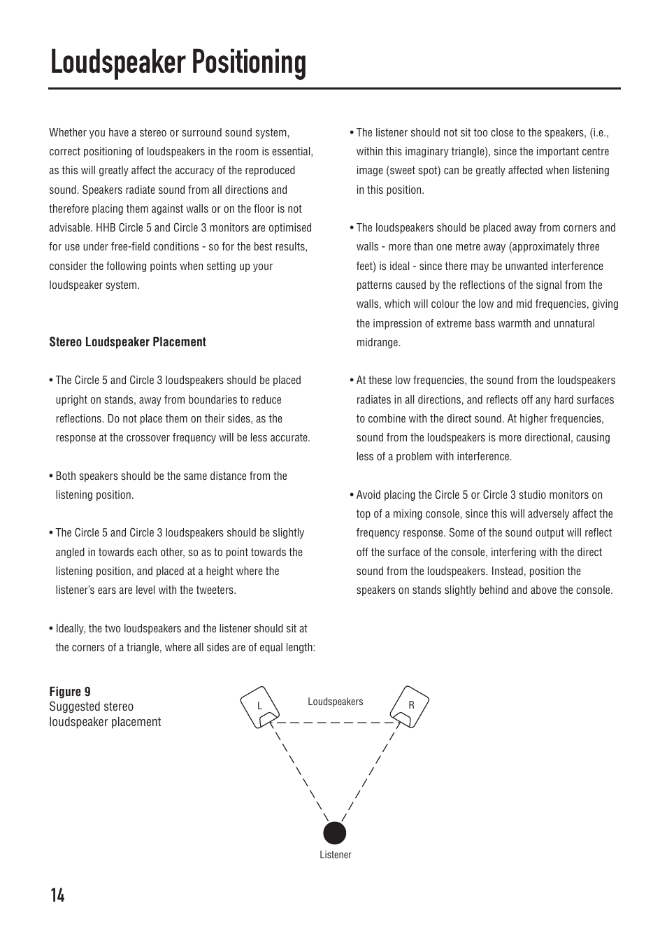 Loudspeaker positioning, Stereo loudspeaker placement, Figure 9: suggested stereo loudspeaker placement | HHB comm CIRCLE SERIES User Manual | Page 14 / 16