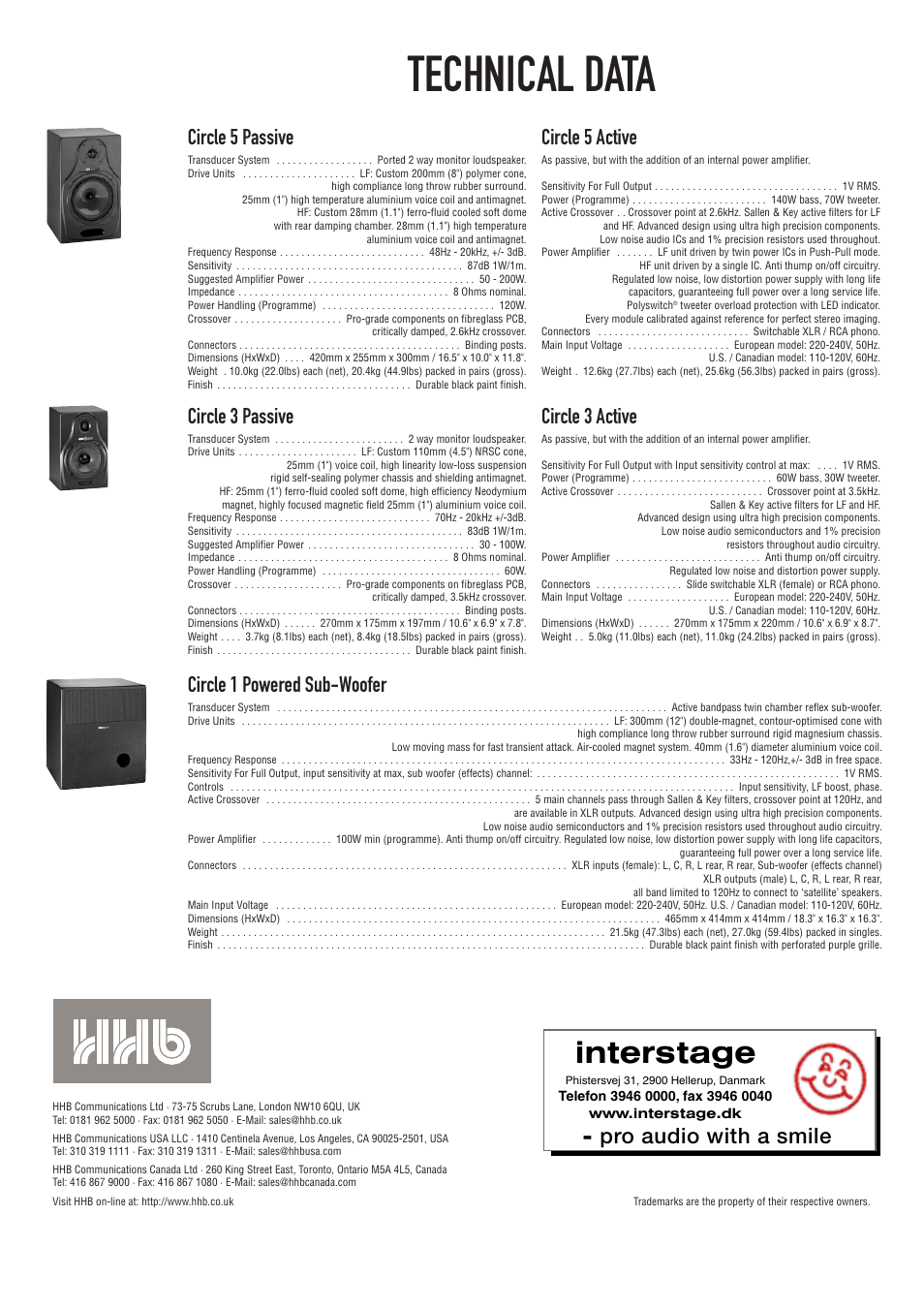 Technical data, Circle 5 passive, Circle 5 active | Circle 3 passive, Circle 3 active, Circle 1 powered sub-woofer, Interstage, Pro audio with a smile | HHB comm CIRCLE SERIES User Manual | Page 16 / 16