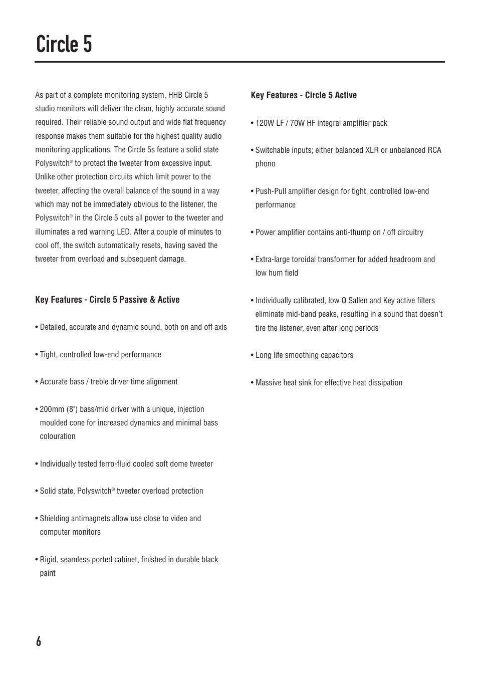 Circle 5, Key features - circle 5 passive & active, Key features - circle 5 active | HHB comm CIRCLE SERIES User Manual | Page 6 / 16