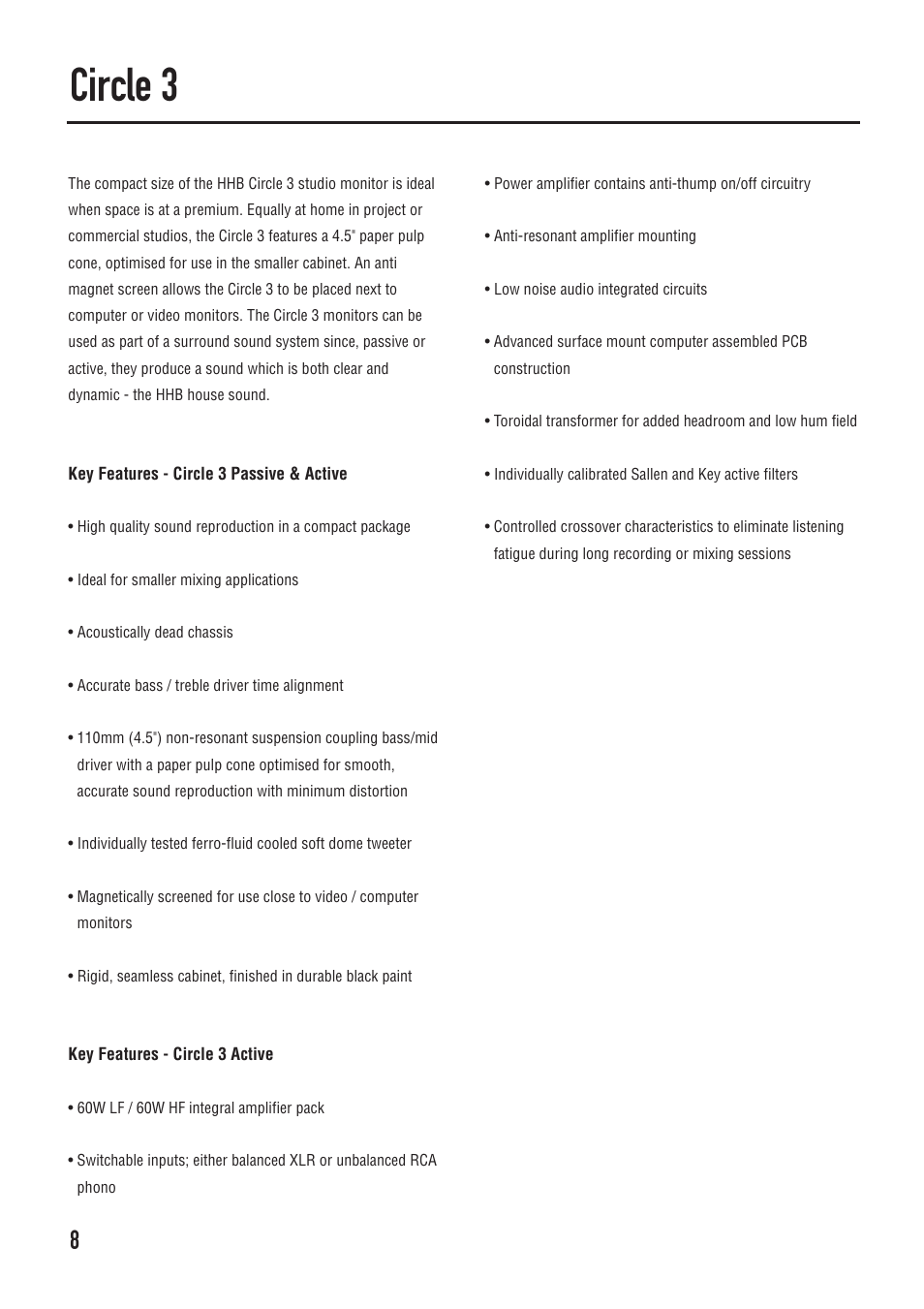 Circle 3, Key features - circle 3 passive & active, Key features - circle 3 active | HHB comm CIRCLE SERIES User Manual | Page 8 / 16
