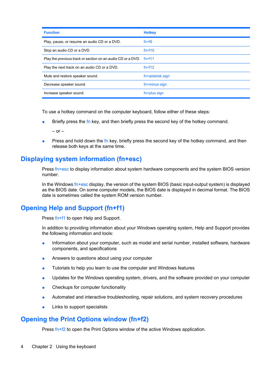 Displaying system information (fn+esc), Opening help and support (fn+f1), Opening the print options window (fn+f2) | HP 460105-001 User Manual | Page 10 / 18