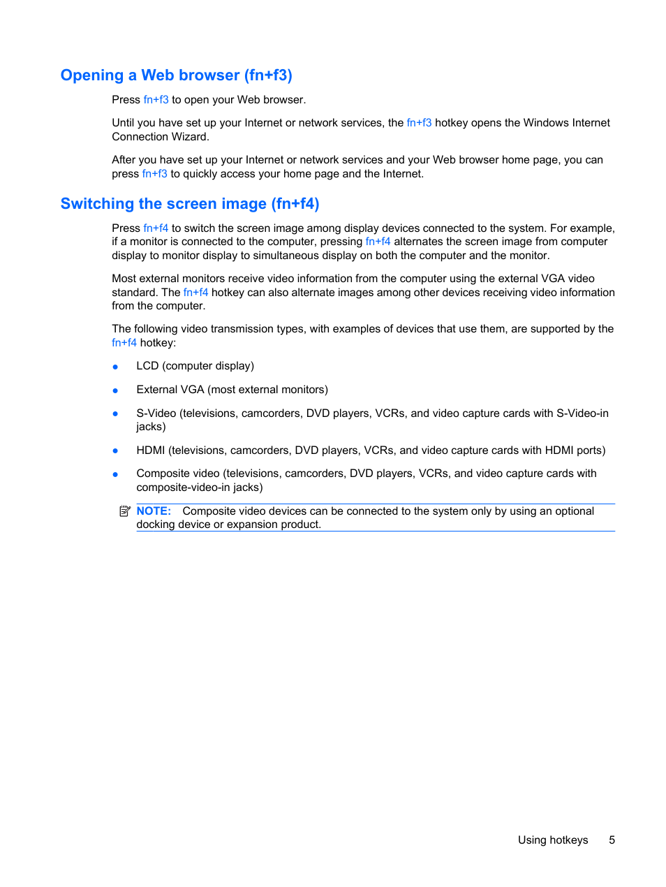 Opening a web browser (fn+f3), Switching the screen image (fn+f4) | HP 460105-001 User Manual | Page 11 / 18