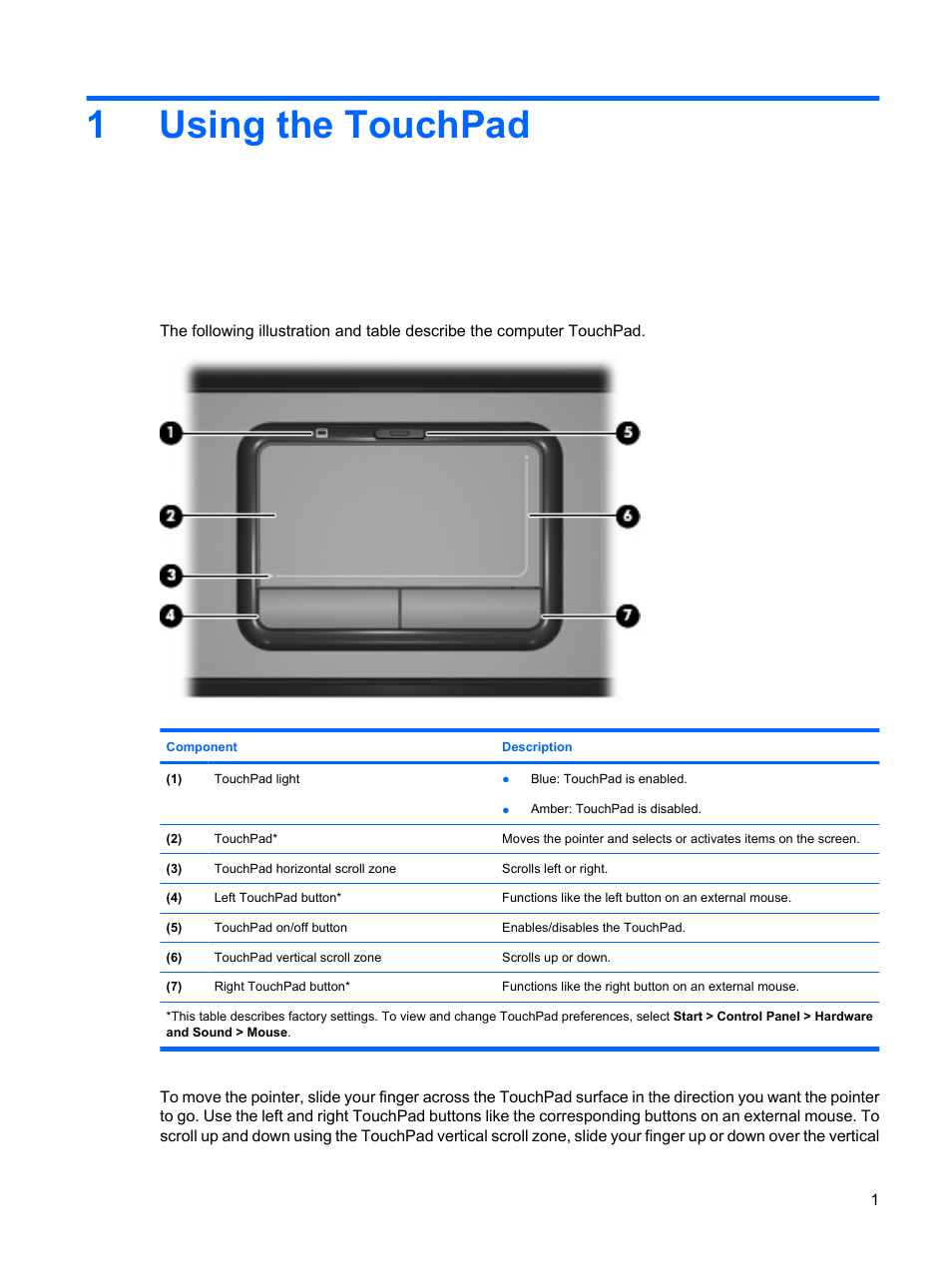 Using the touchpad, 1 using the touchpad, 1using the touchpad | HP 460105-001 User Manual | Page 7 / 18