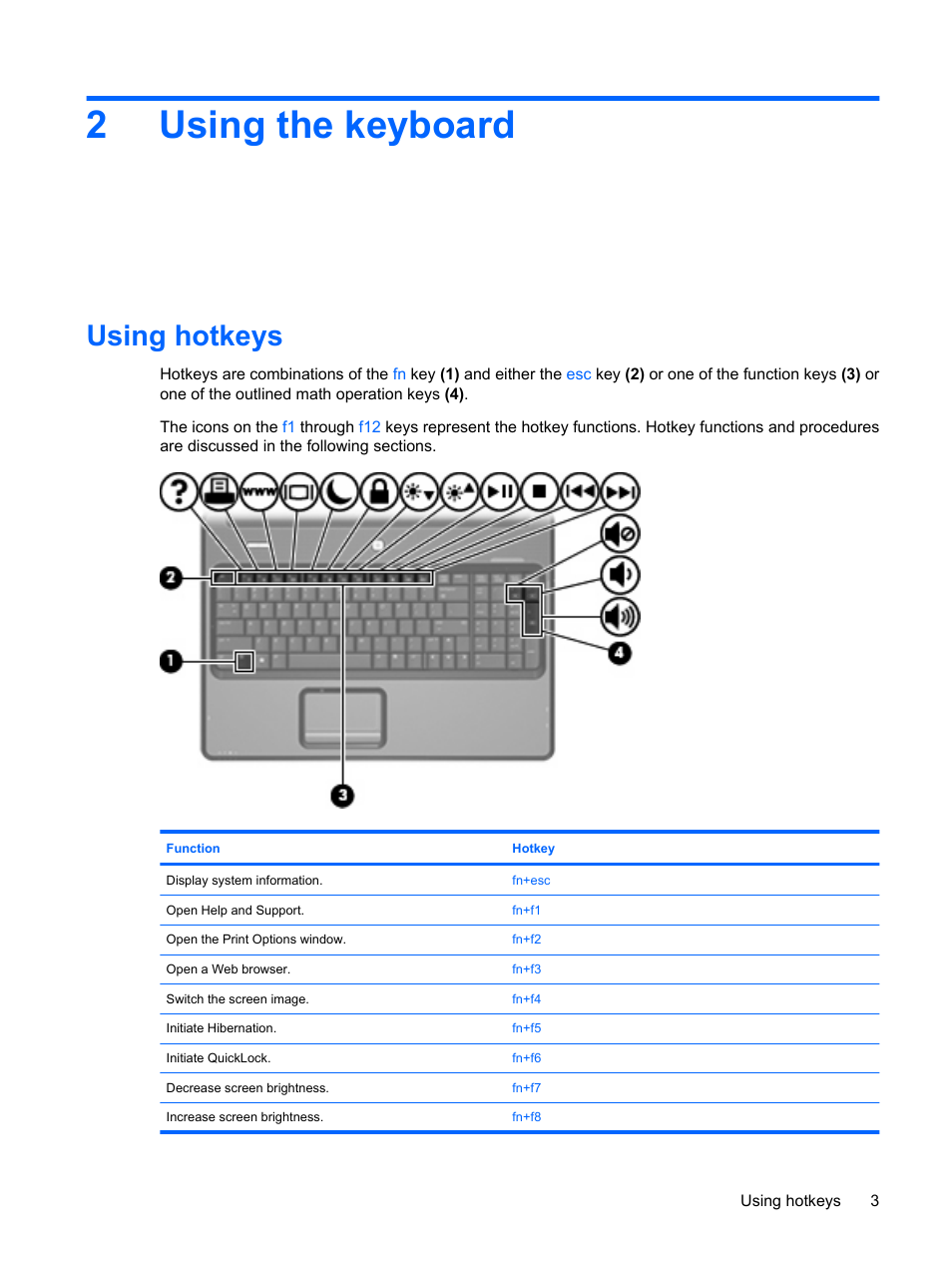 Using the keyboard, Using hotkeys, 2 using the keyboard | 2using the keyboard | HP 460105-001 User Manual | Page 9 / 18