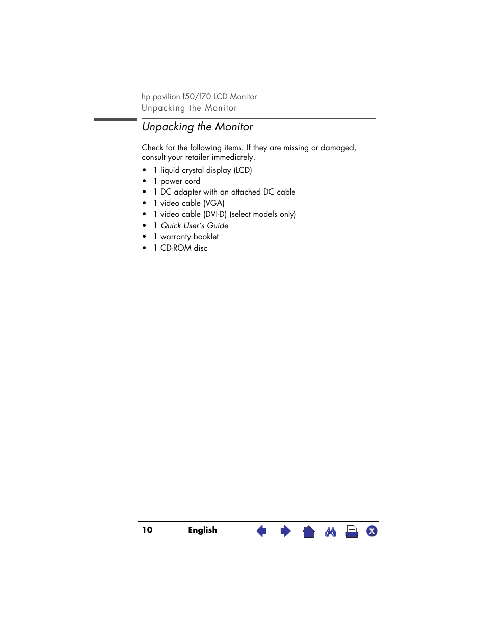 Unpacking the monitor | HP PAVILION D5063 User Manual | Page 10 / 50