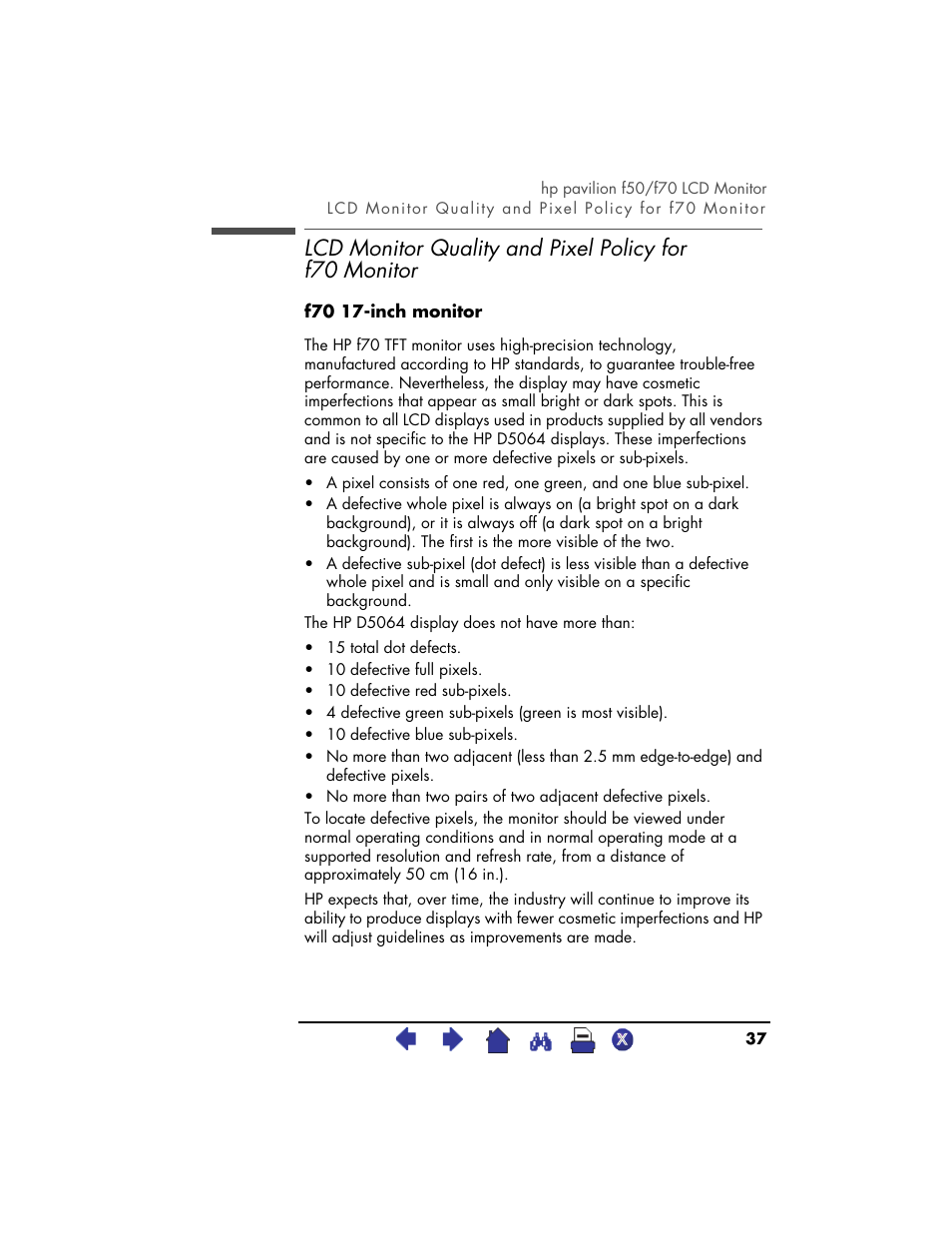 Lcd monitor quality and pixel, Policy for f70 monitor | HP PAVILION D5063 User Manual | Page 37 / 50