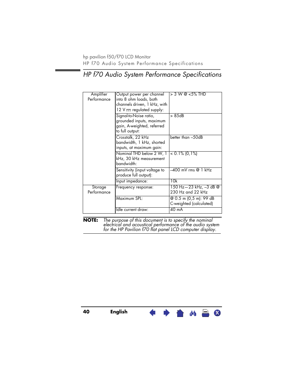 Hp f70 audio system performancespecifications, Hp f70 audio system, Hp f70 audio system performance specifications | HP PAVILION D5063 User Manual | Page 40 / 50