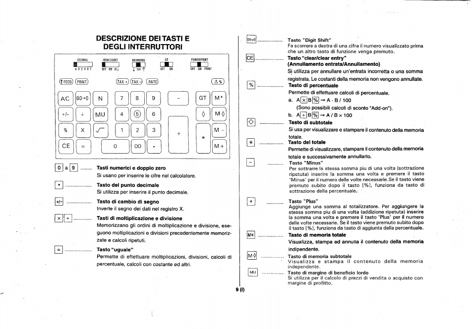 Descrizione dei tasti e degli interruttori | CITIZEN 355DPIII User Manual | Page 11 / 33