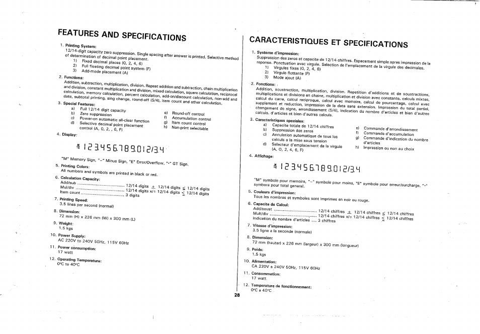 Features and specifications, Caracteristiques et specifications | CITIZEN 355DPIII User Manual | Page 30 / 33