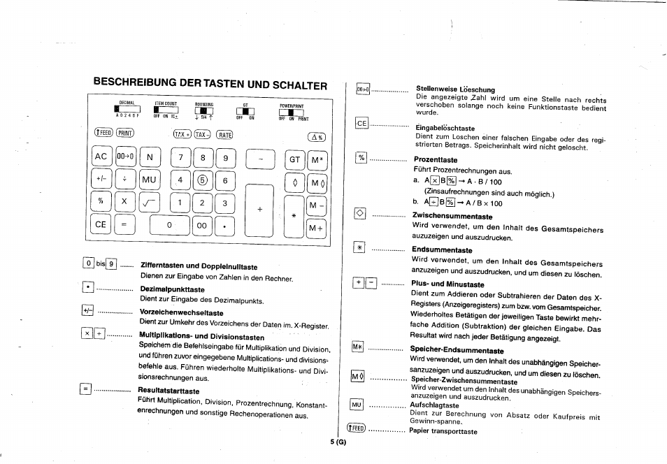 Beschreibung der tasten und schalter | CITIZEN 355DPIII User Manual | Page 7 / 33