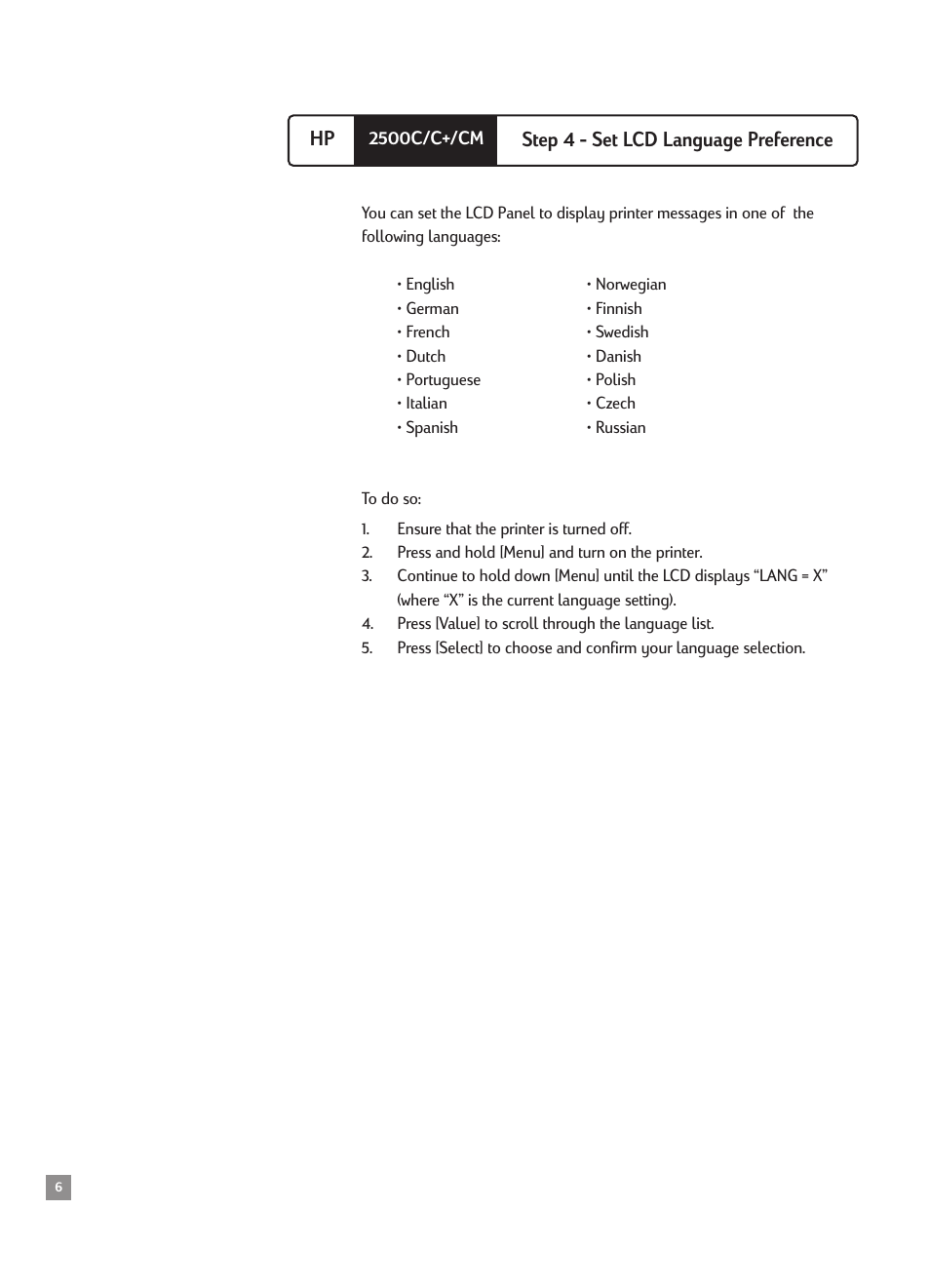 Step 4 - set lcd language preference, Hp step 4 - set lcd language preference | HP 2500CMHP User Manual | Page 10 / 66