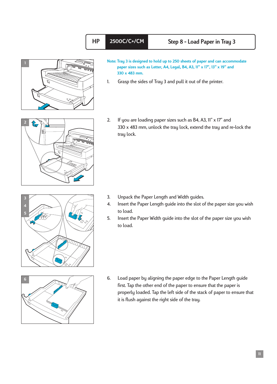 Step 8 - load paper in tray 3, Hp step 8 - load paper in tray 3 | HP 2500CMHP User Manual | Page 15 / 66